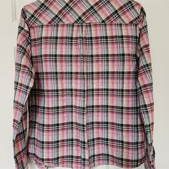 Prana Shirt Women's Medium 100% Organic Cotton Pink Plaid Multi-Color EUC - Picture 6 of 6